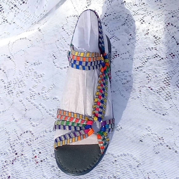 Bernie Mev. Multi Colored Woven Open Toe Strappy Wedge Sandal Size 40 Stretchy - Picture 2 of 14